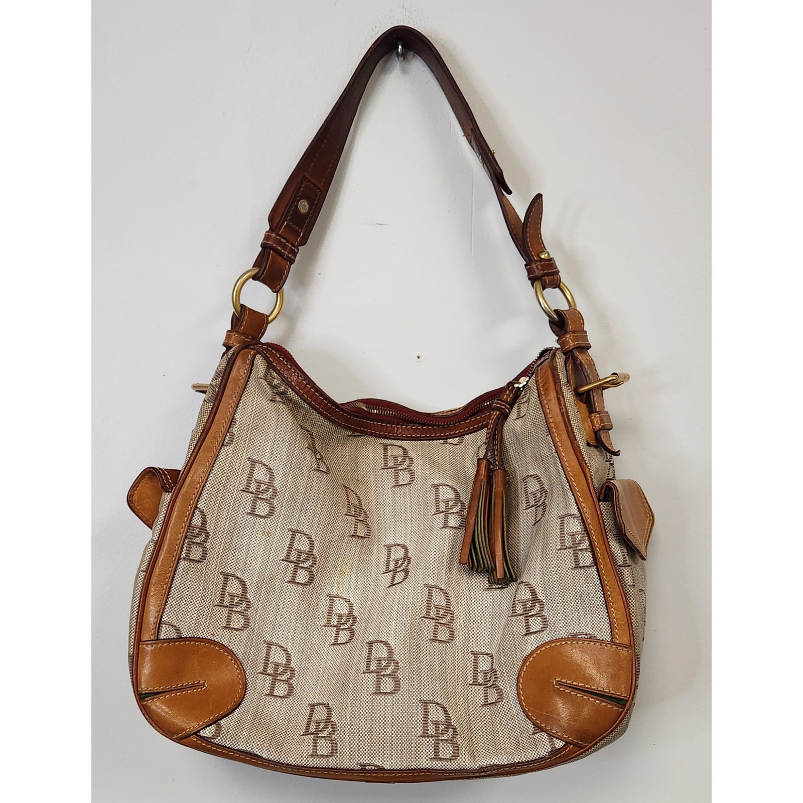 Dooney & Bourke Womens Cloth Trimmed In Leather Hobo Handbag